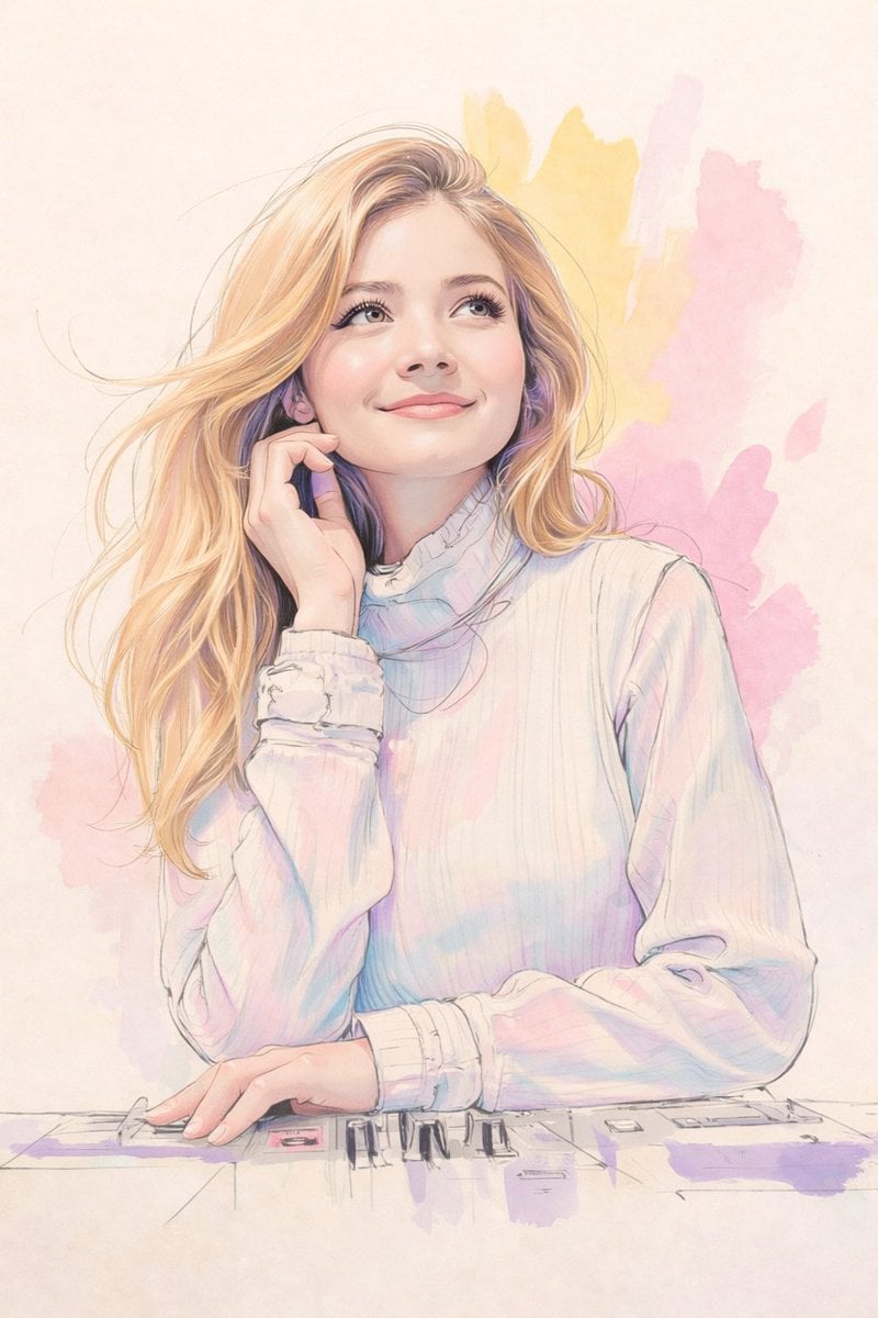 A soft pastel watercolor digital illustration of a young woman with lon…