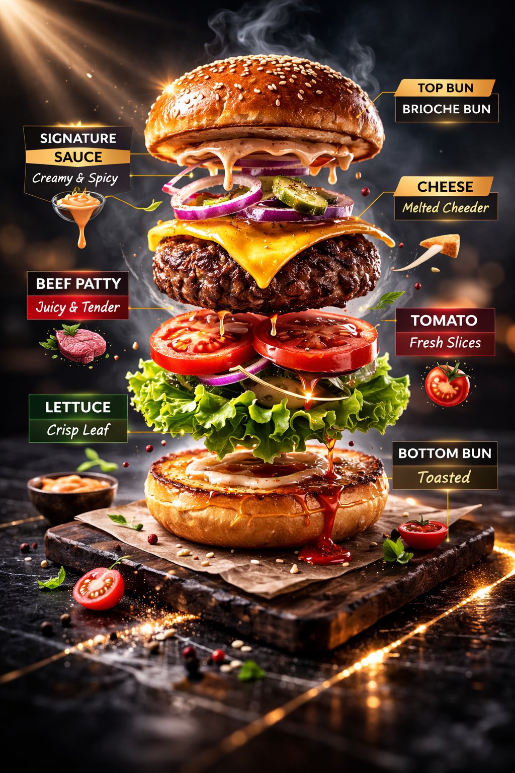 Ultra-appetizing commercial photograph of a gourmet beef burger with gl…