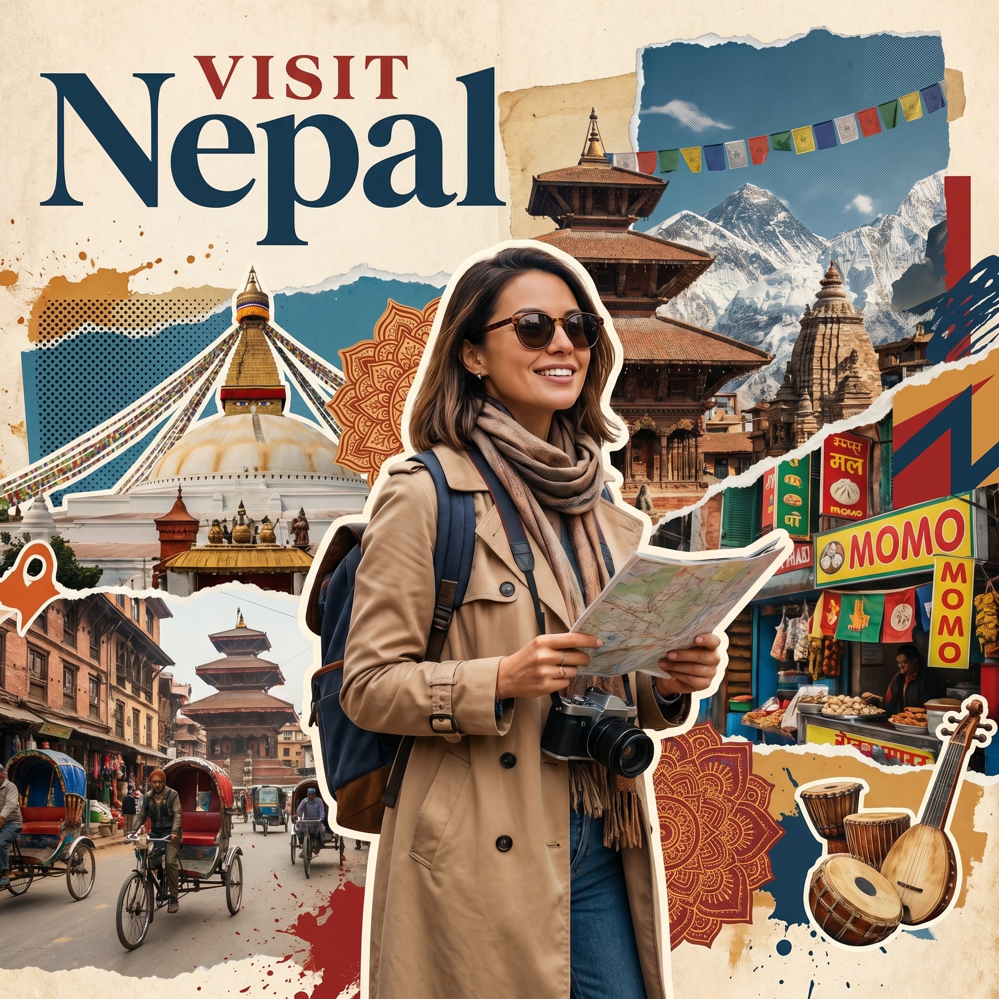 Create a stylized travel poster / graphic collage for Nepal. The main s…