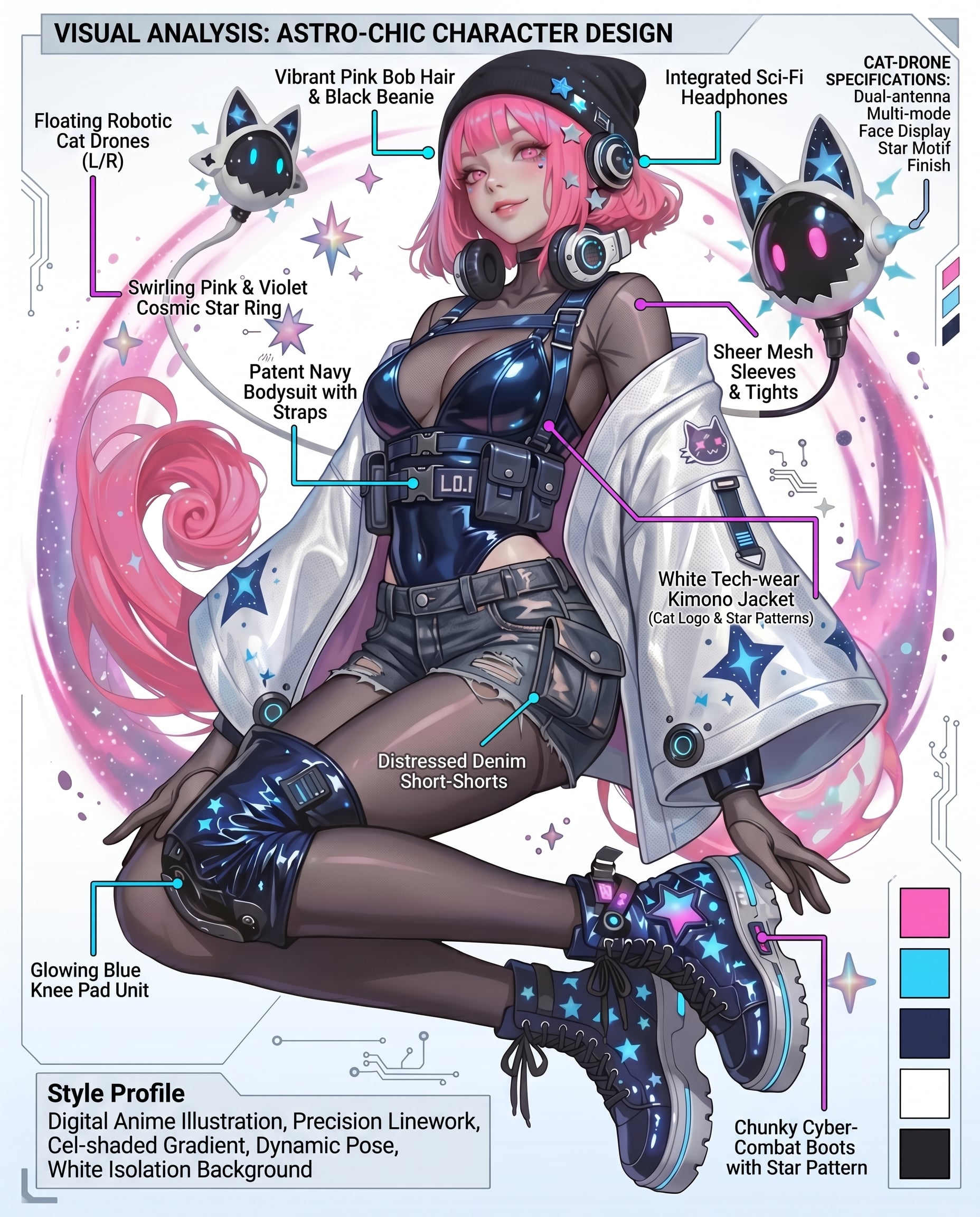 A stylish anime girl with short vibrant pink hair and a black beanie si…