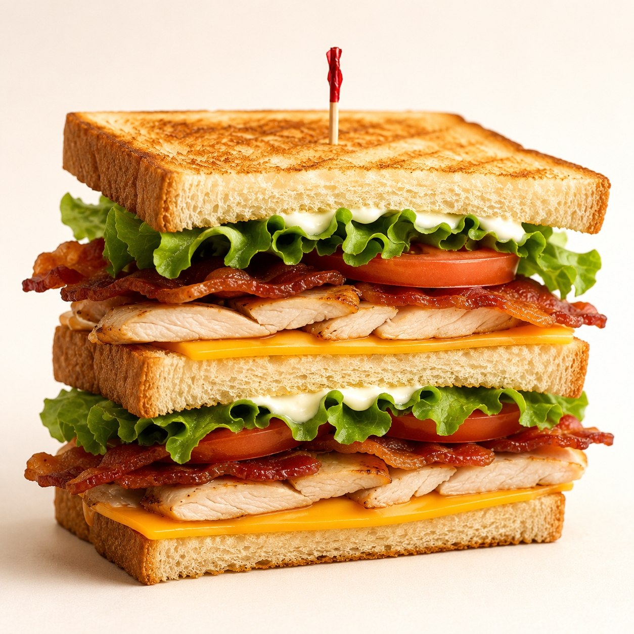 - A premium café product photograph of a gourmet club sandwich centered…