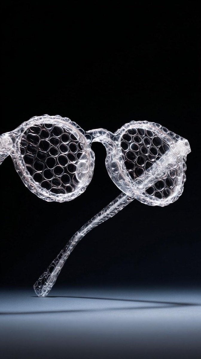 { "prompt": "A studio shot of a transparent bubble wrap fashion elegant…