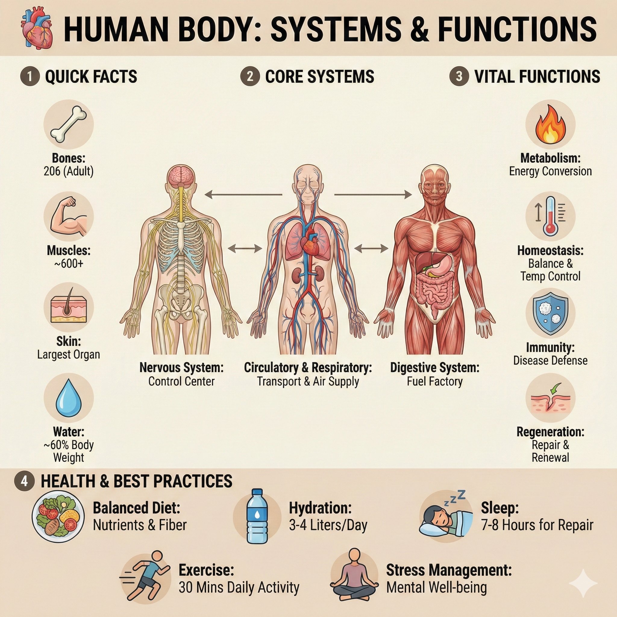 Medical infographic titled "HUMAN BODY: SYSTEMS & FUNCTIONS". Center: T…