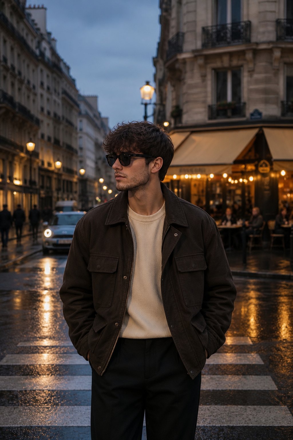 Create a luxury travel fashion editorial portrait of a young man standi…