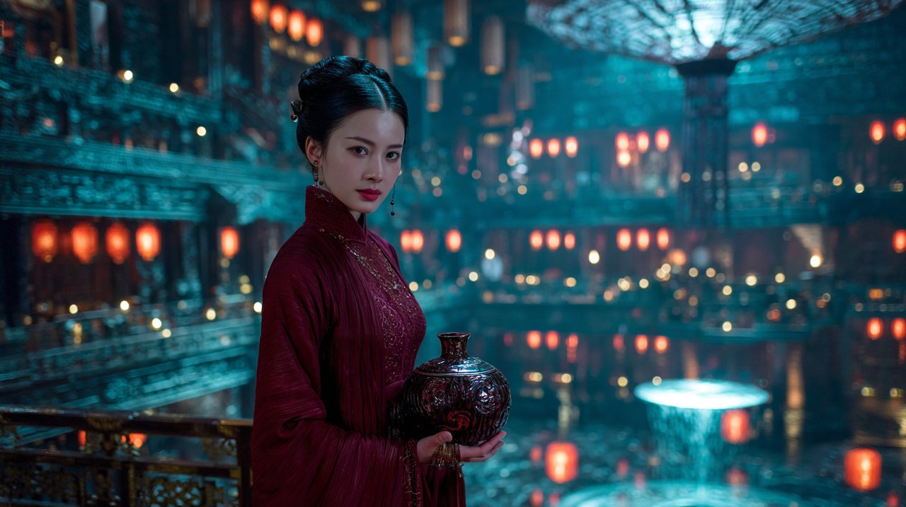 实现无缝的电影级融合。将图片1的女子完美地融入图片2。必须完全保留角色图1的面部特征、发型、服装和道具。执行完全的光影耦合：角色必须完全根据图…