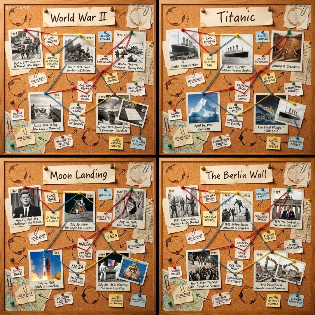 1080x1080 cork-board layout telling the story of [HISTORICAL MOMENT]. A…