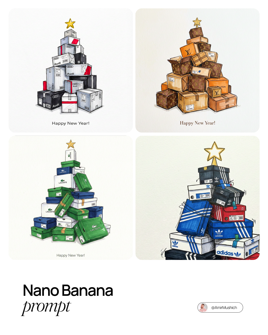 [A charming, hand-drawn fashion illustration of a Christmas tree constr…
