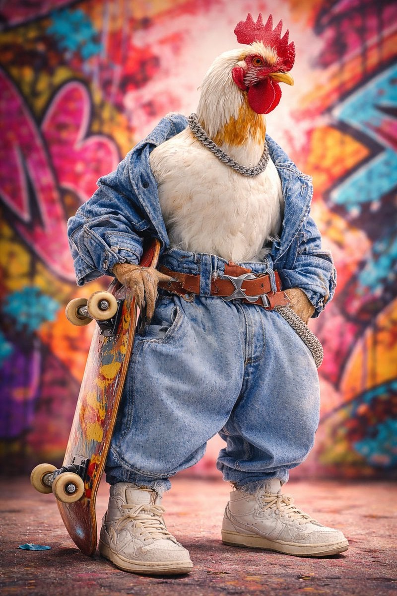 Ultra-realistic studio portrait of an anthropomorphic rooster styled li…