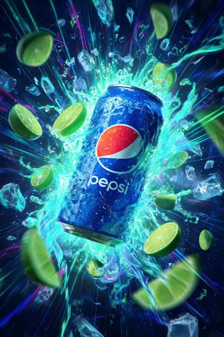 { "Ultra-dynamic cinematic advertisement of a blue cola can exploding w…