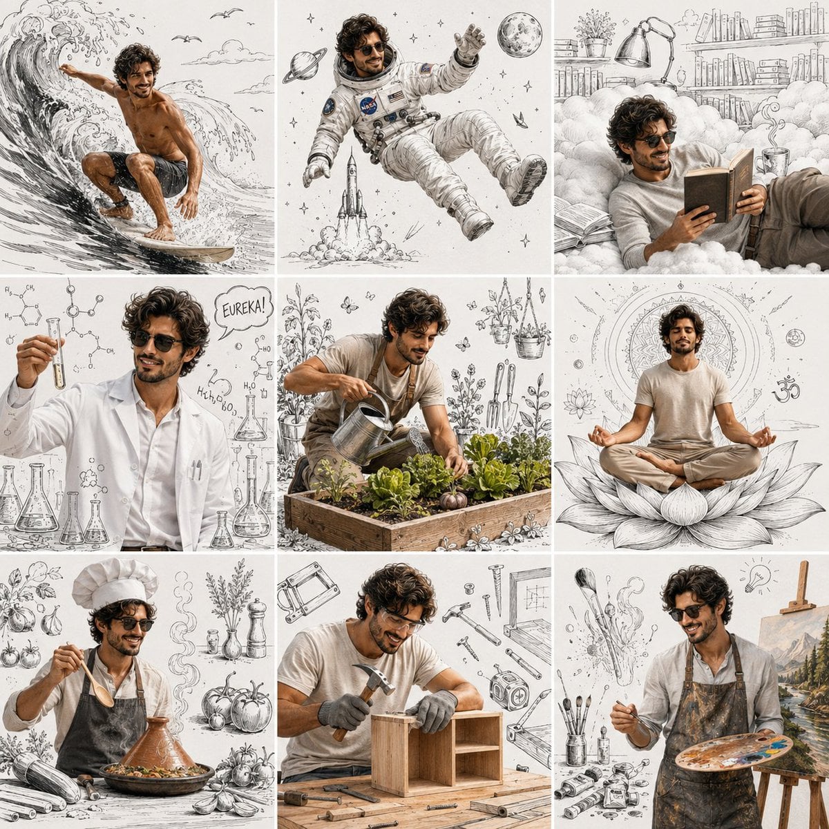 Create an ultra-realistic 3×3 editorial lifestyle collage featuring the…