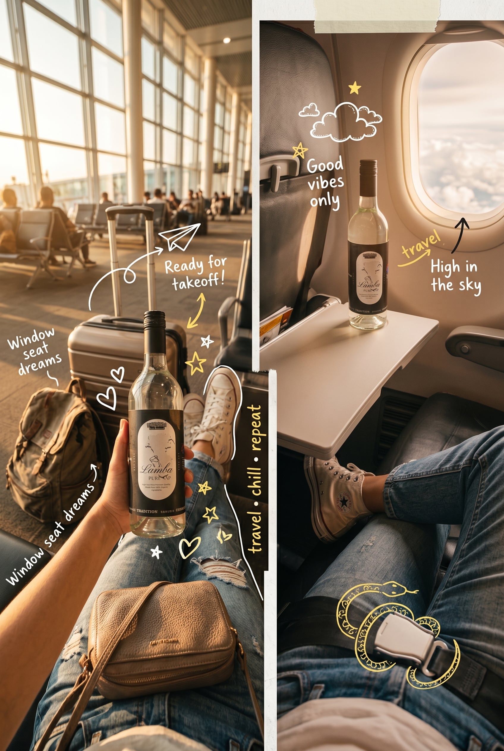 POV travel photography of a person sitting at an airport and inside an …