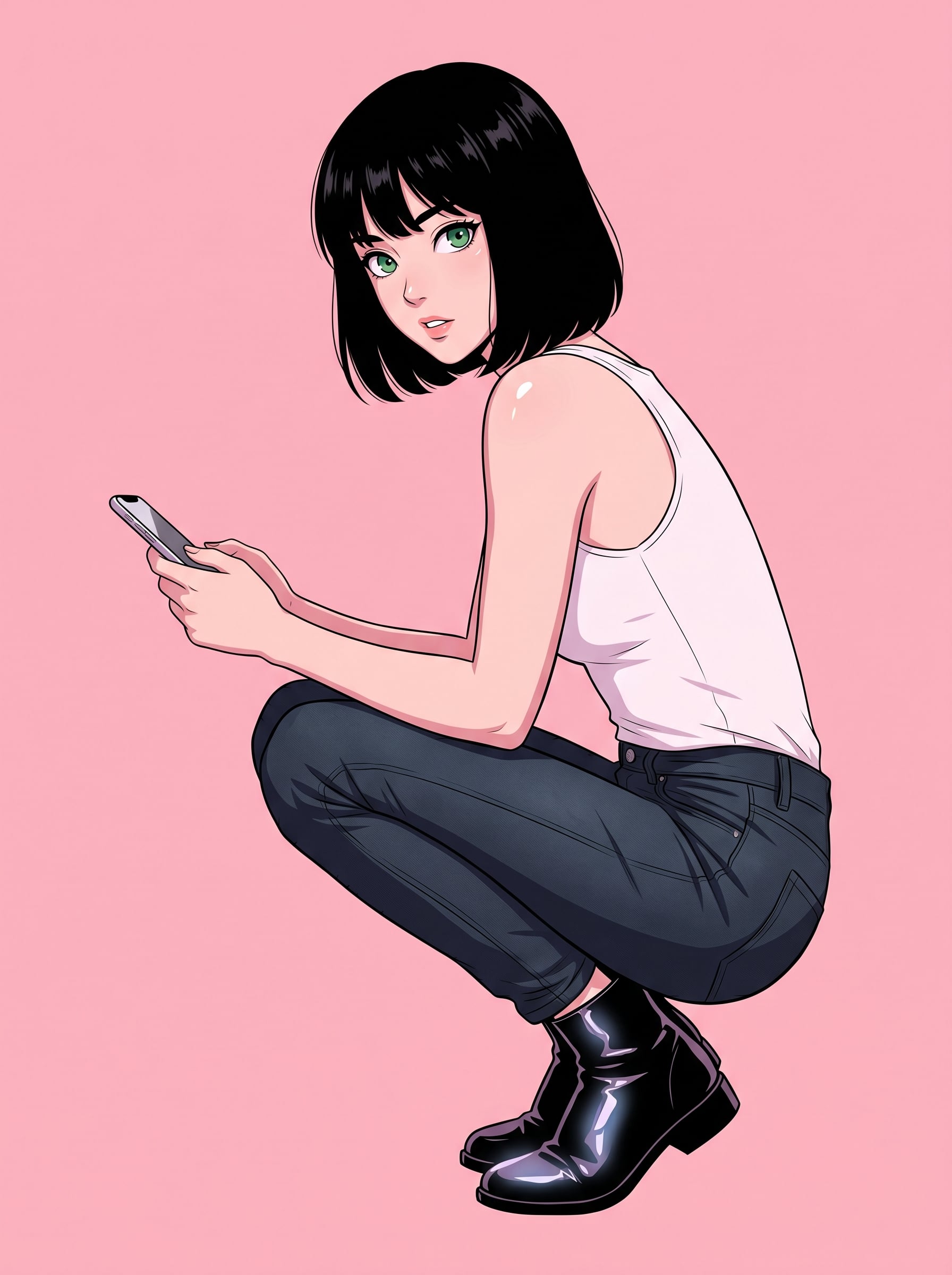 A stylized anime-inspired portrait features a young woman with chin-len…