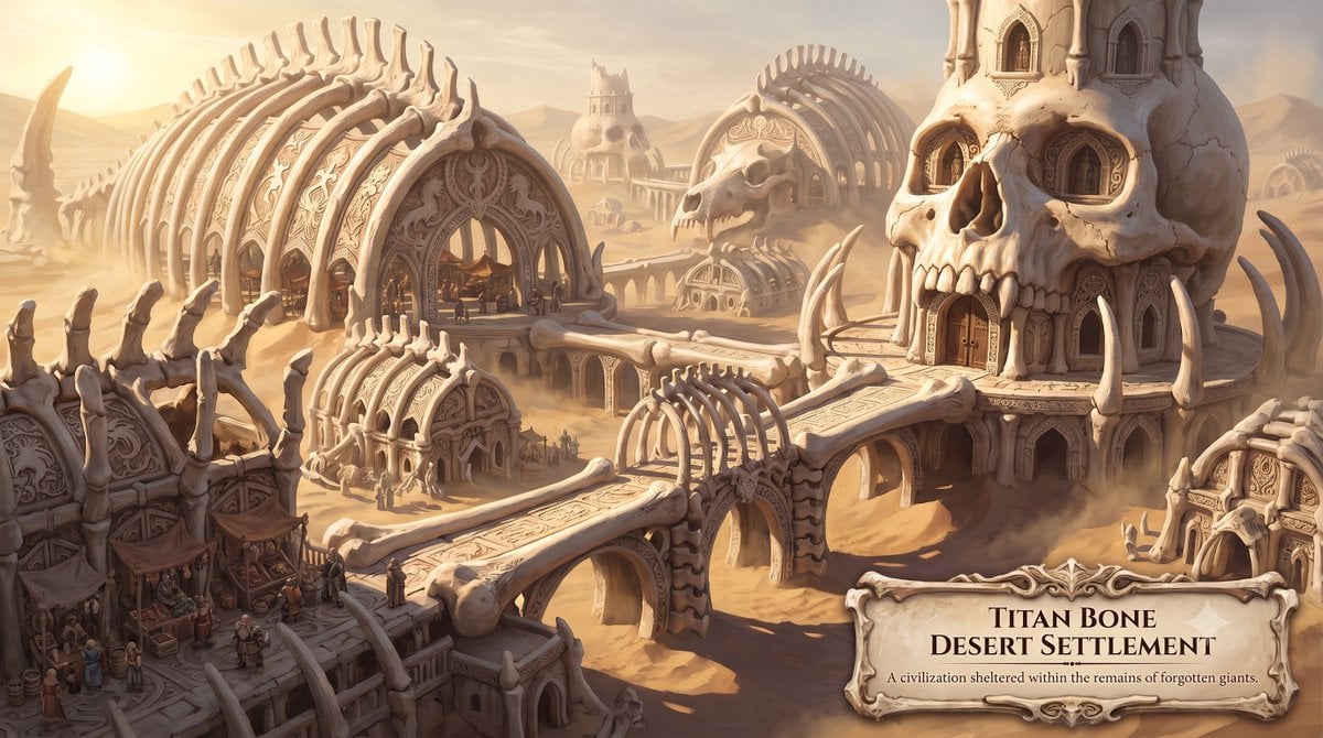 Titan Bone Desert Settlement SCENE A settlement built among the colossa…
