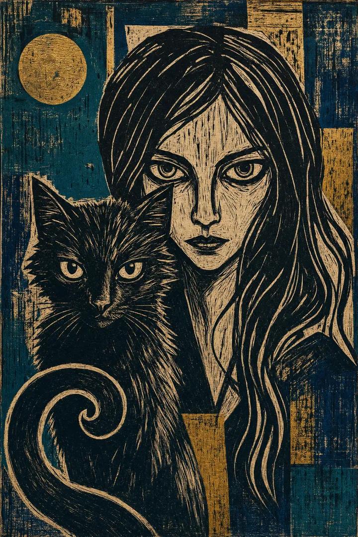 A dramatic Expressionist linocut print on raw, ink-textured paper. A yo…