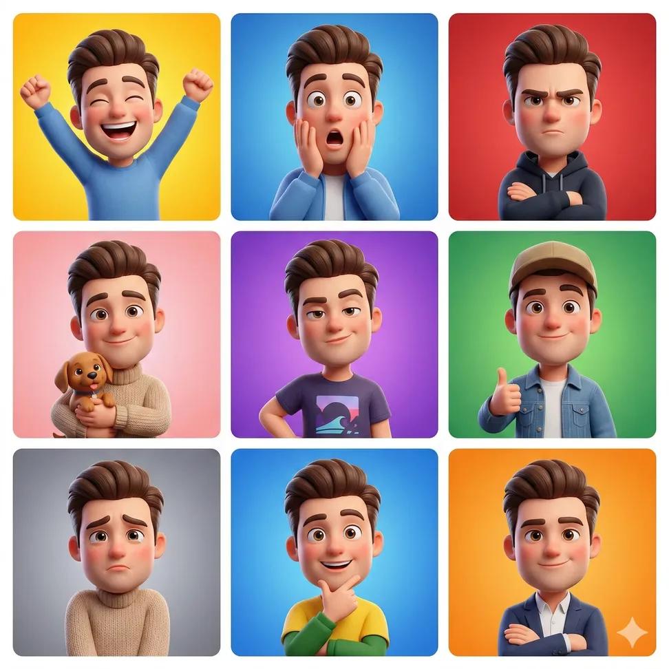 3D cartoon avatar character showing different emotions arranged in a 3x…
