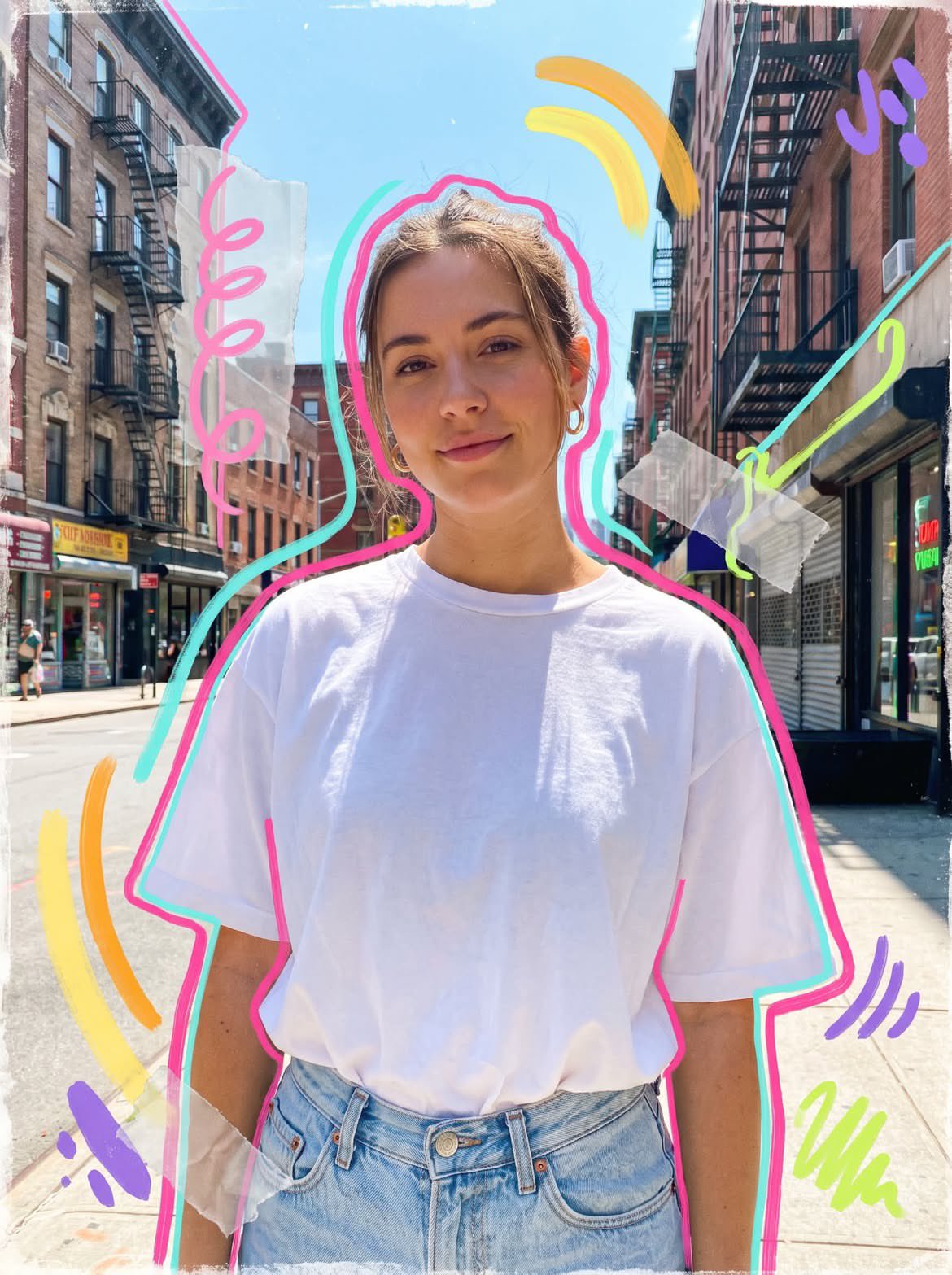 Photorealistic mixed media collage street portrait of a young woman on … 3