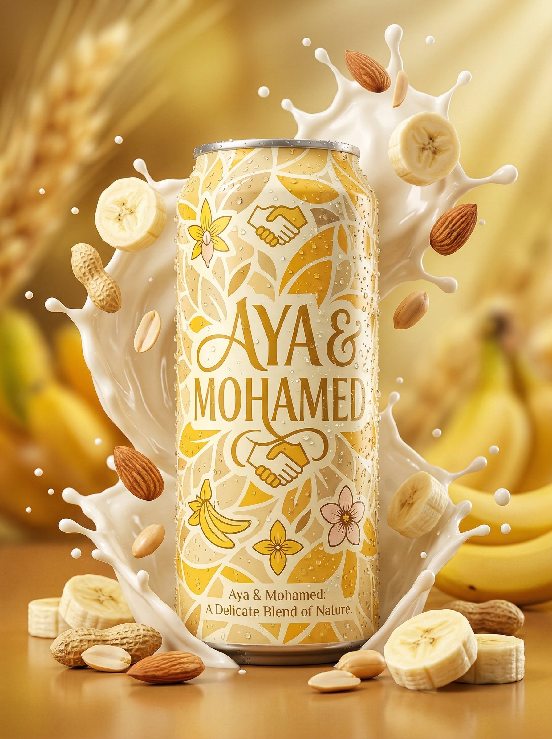 Hyper-realistic product advertisement of a AYA & MOHAMED can with yello…