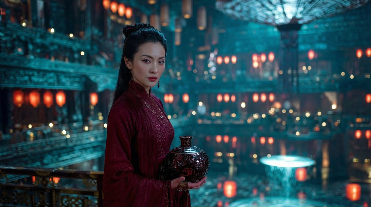 实现无缝的电影级融合。将图片1的女子完美地融入图片2。必须完全保留角色图1的面部特征、发型、服装和道具。执行完全的光影耦合：角色必须完全根据图… 1
