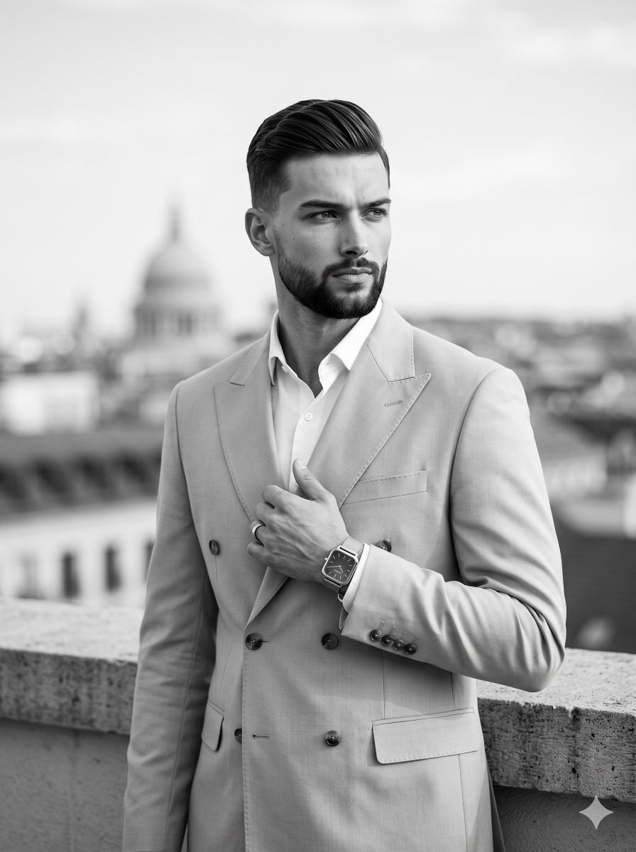 An adult male with a meticulously groomed beard stands positioned cente…