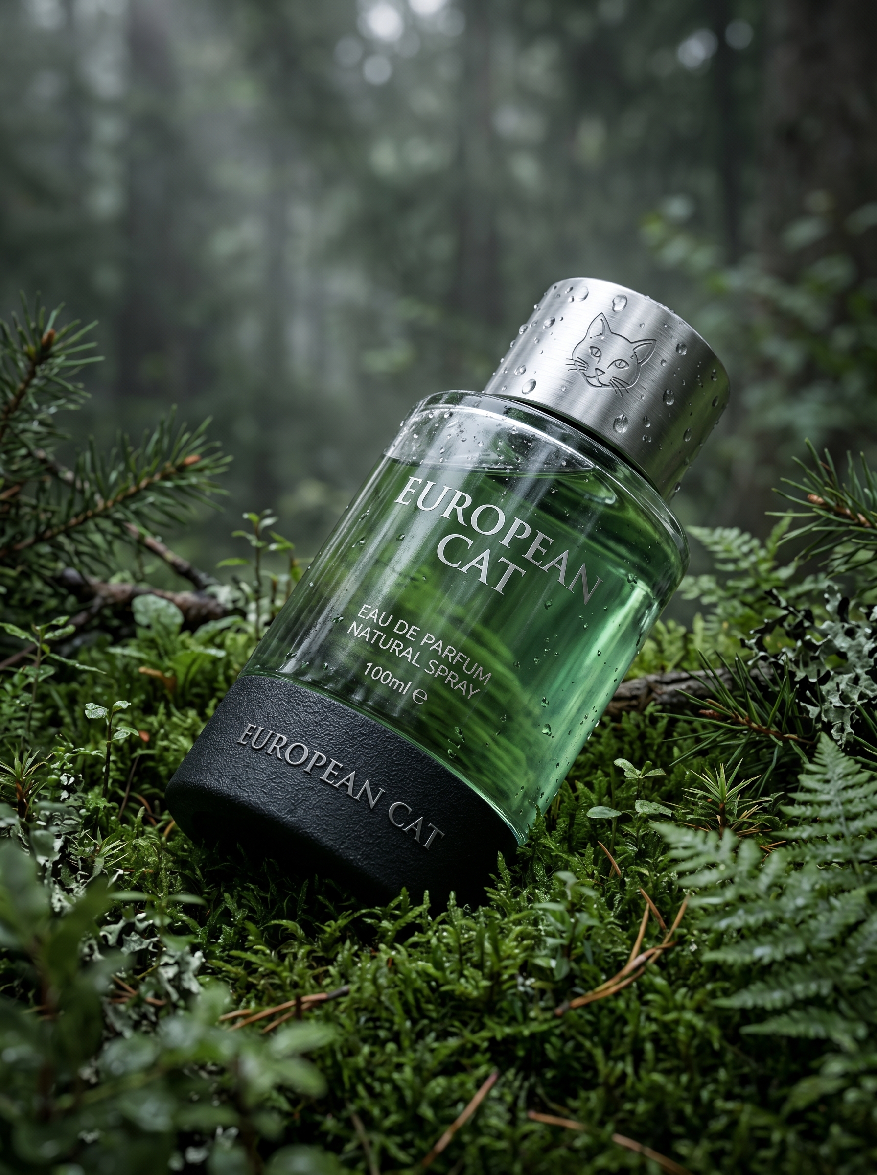 Ultra-realistic premium fragrance product shot of a EUROPEAN CAT positi…