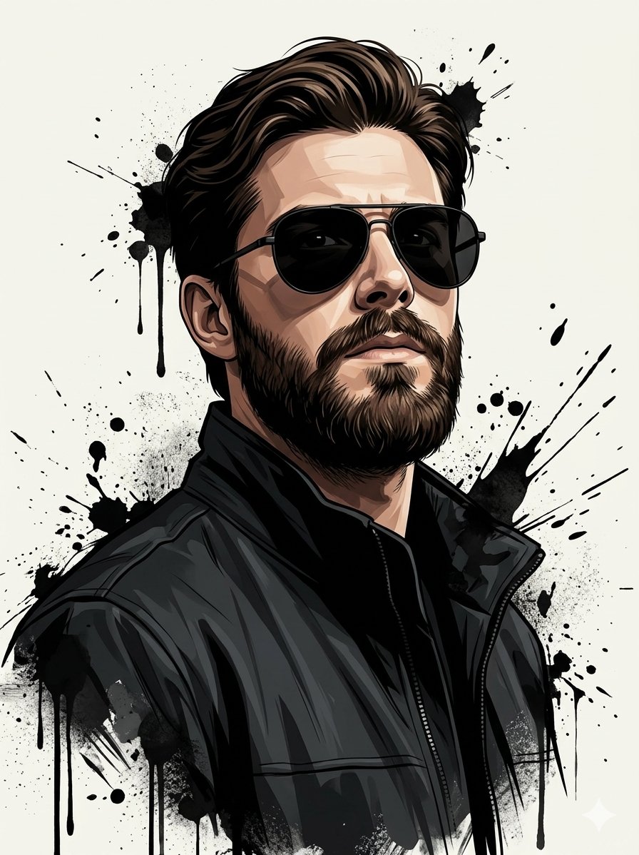 A stylish man with a thick beard wearing black sunglasses and a dark st…