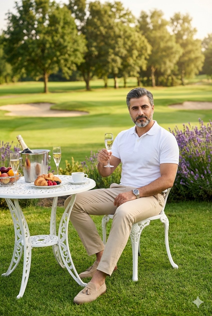 A luxurious outdoor breakfast scene on a pristine golf course, early mo…