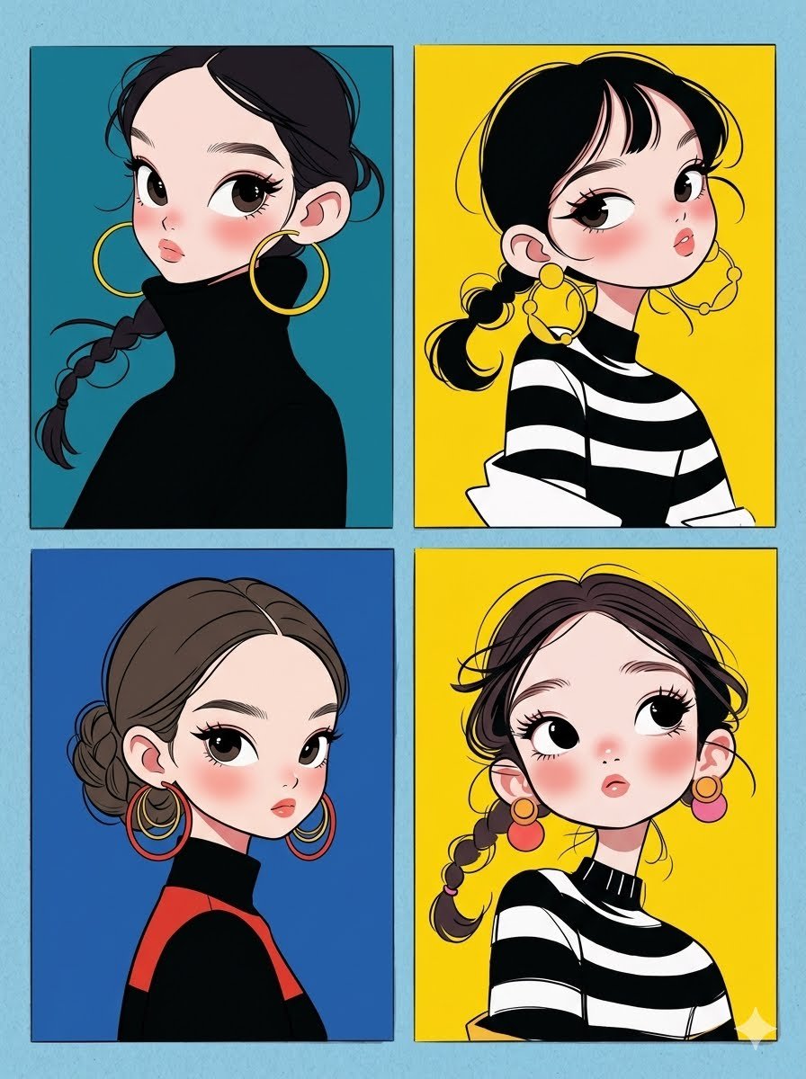 A clean 4-panel grid art collage featuring four distinct, stylish chibi…