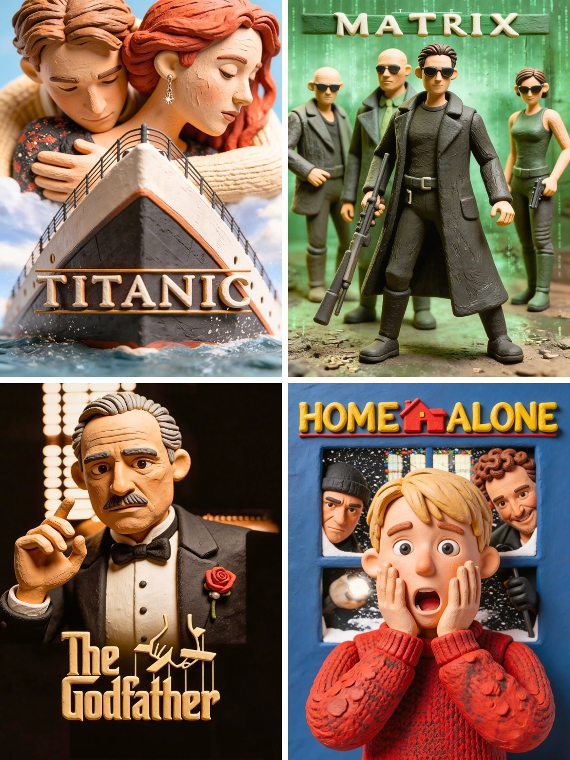 Restyle the reference movie poster in claymation style. Keep the origin…