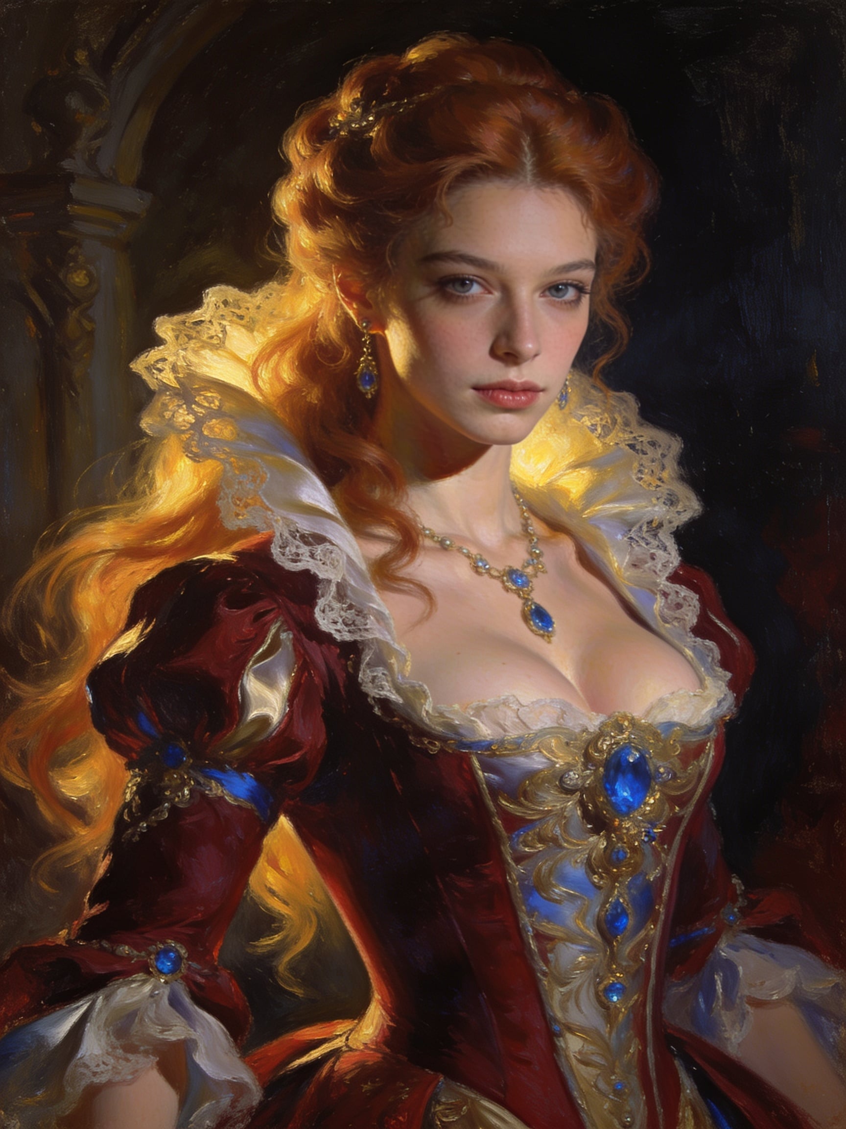 portrait half body female French concubine with slim curvy body paintin…