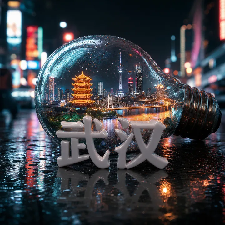 创作一张超逼真、时尚的海报，展示一个躺在湿漉漉的城市柏油路面上的灯泡。在灯泡内部放置一个武汉的微缩版，并包含其标志性地标。在灯泡前方，应突出显示一个光滑的白色…
