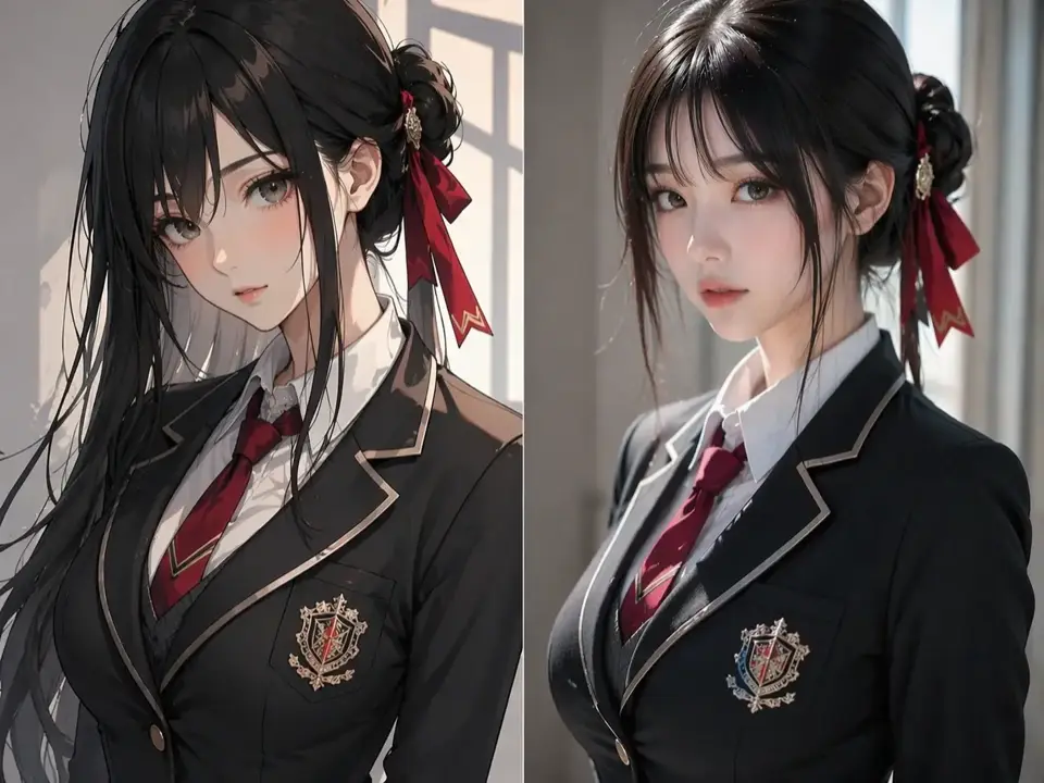同じ黒髪のキャラクターをアニメと写真風で並べた画像